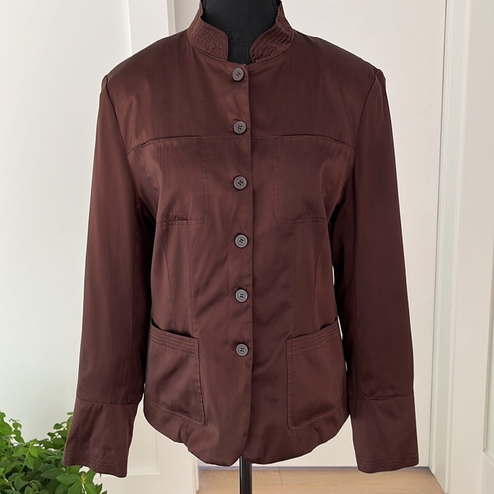 SILKLAND Brown Silk Button Front Jacket Pockets Contemporary Safari Minimalist